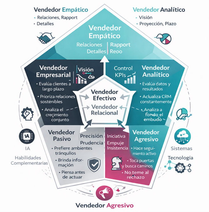 diagrama de tipos de vendedor: vendedor empático, vendedor analítico, vendedor agresivo, vendedor pasivo y vendedor empresarial